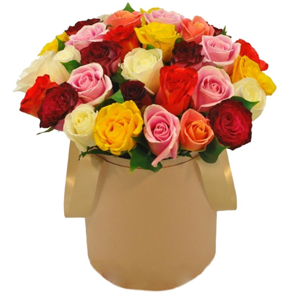 Букет из 15 роз MIX в шляпной коробке, длина 30см