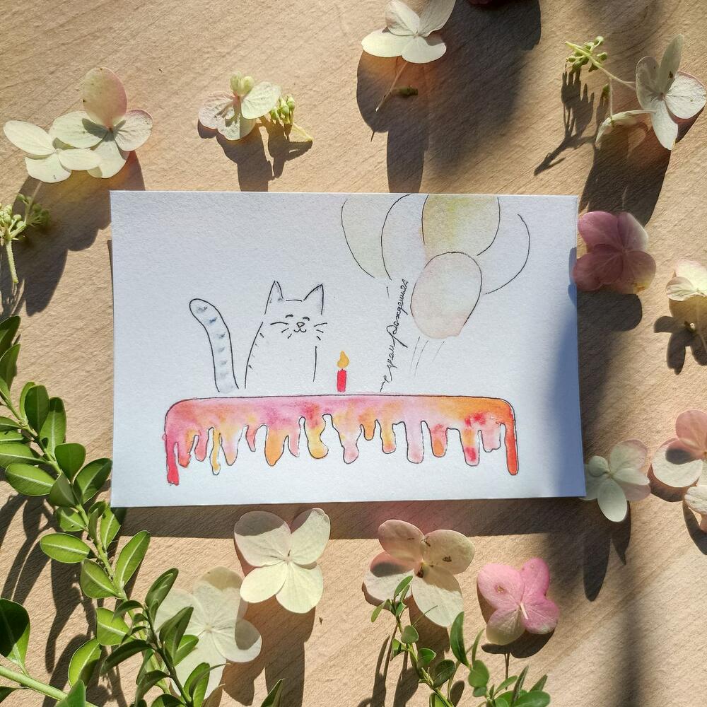 Открытка Кот с тортом 