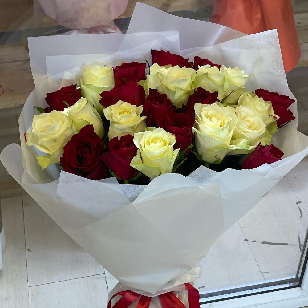 Розы Красно-Белые в белой упаковке